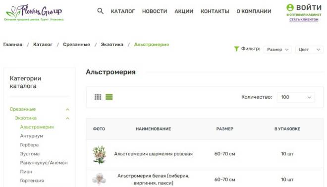 Сайт-каталог для оптового магазина цветов